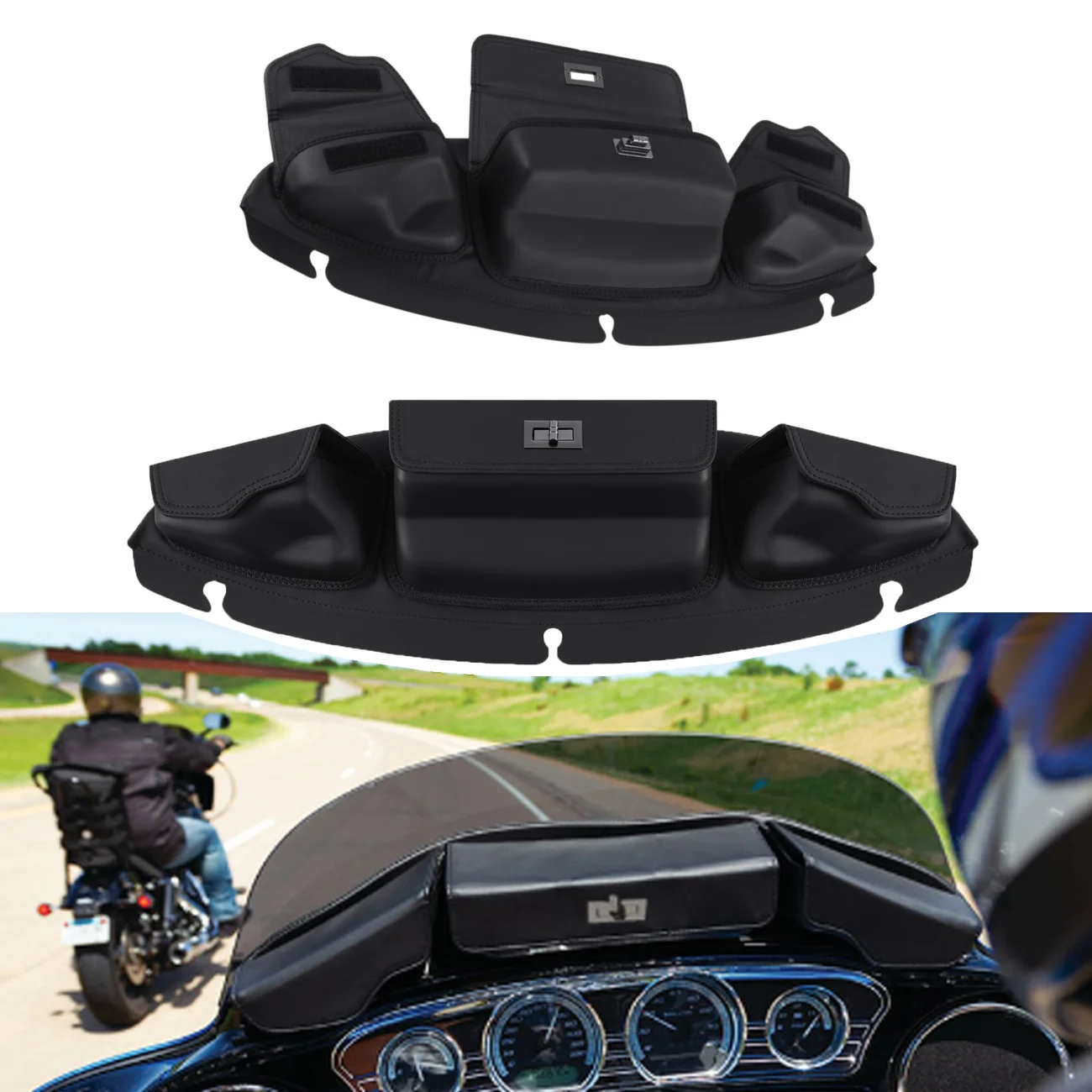 

Samger Motorcycle Windshield Bag Batwing Fairing Pouch Universal 3 Pouch Pocket Accessories Bag For Harley Touring Street Glide
