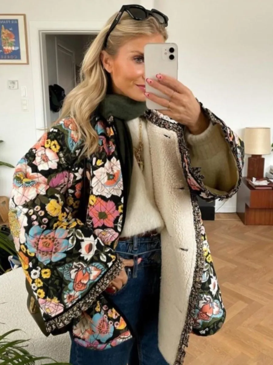 

Autumn Vintage Flower Printed Loose Coat For Women Thick Warm Long Sleeve Cotton Coats Jacket 2023 Lady Elegant Chic Outerwear