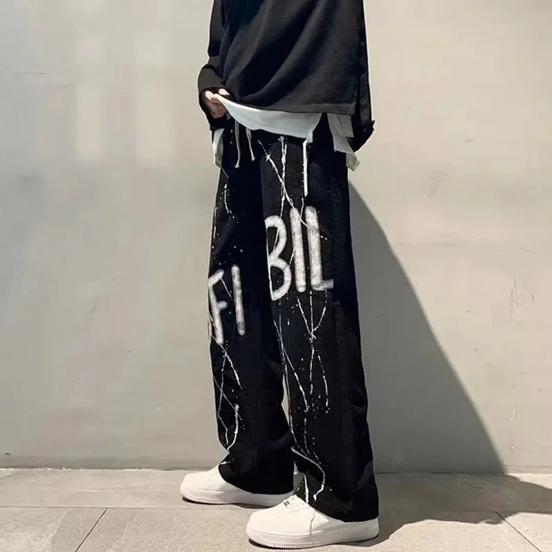 New Streetwear Harajuku Black Pants Men Oversized Corduroy Wide Leg Pants Korean Style High Waist Hip-Hop Y2k Harajuku Trousers