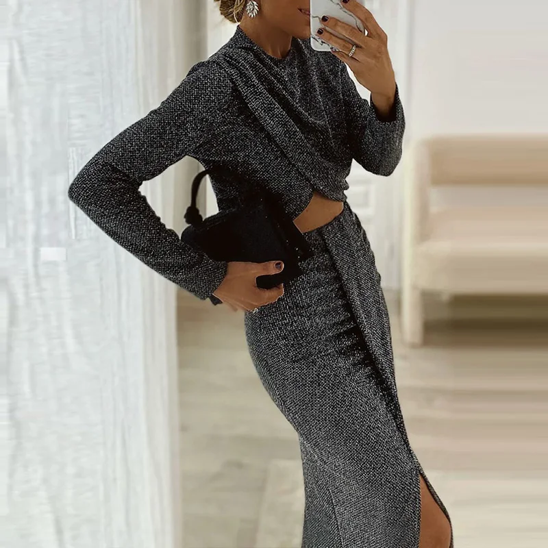 

Office Lady Commute Elegant Suit Spring Temperament Party Outfits Fashion O-neck Long Sleeved Hip Wrap Skirt Slim Two-piece Set