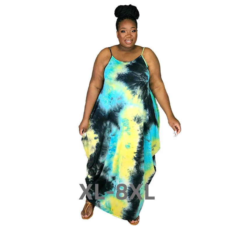 Plus Size Maxi Dress Women Clothing Wholesale Summer Sexy Tie Dye Loose Elegant Pockets Tank Dresses Streetwe 3xl 4xl 5xl 6xl