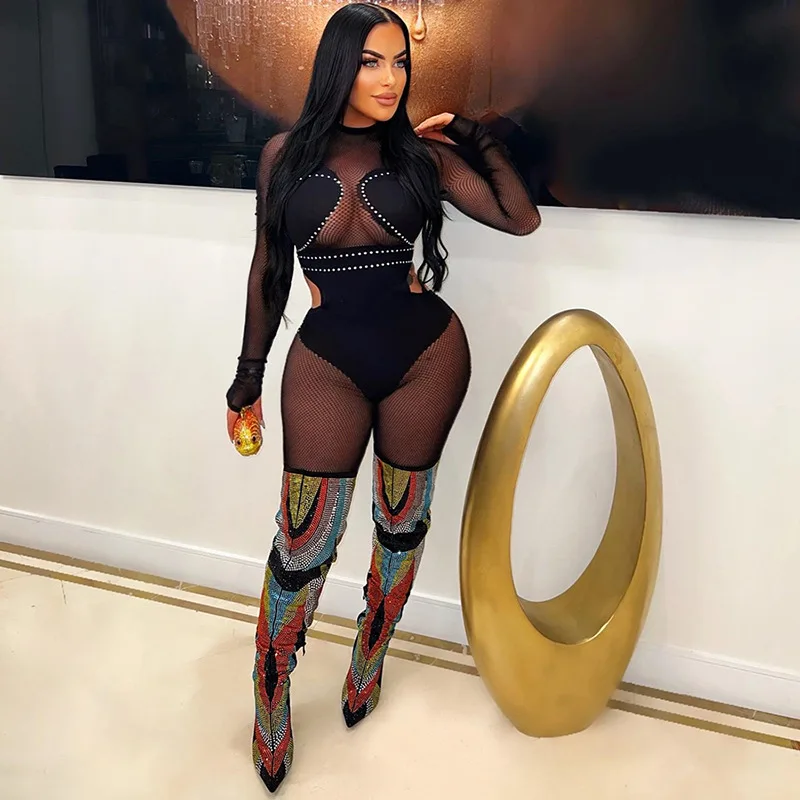 

Beach Jumpsuit For Women Bathroom 2023 Summer Outfits Clothes Female Mesh Splicing Hot Diamond Perspective Sexy Tight Bodysuit