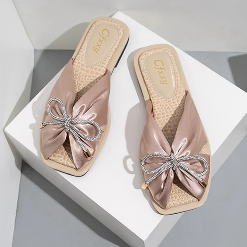 

2022 Summer Women Slipper Fashion Silk Bow-knot Sandal Shoes Ladies Elegant Peep Toe Slides Flat Heel Beach Flip Flop Big Size42