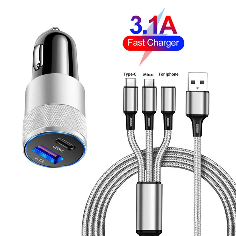 Автомобильное зарядное устройство USB Type-C, 3,1 А, кабель 3 в 1 для быстрой зарядки iPhone 6s 7 8X11 12 LG Samsung Xiaomi Realme OnePlus