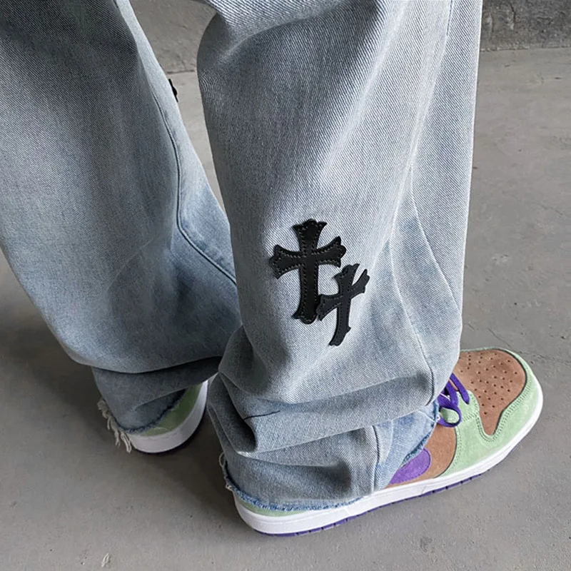 Streetwear Vintage Jeans Men's Casual Loose Straight Jeans Men's Casual Button Mid Waist Wide-Leg Jeans Trousers