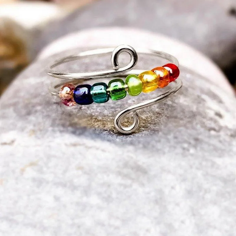 

Bohemian Rainbow Beads Anxiety Ring Rotate Freely Anti Stress Fidget Spinner Rings For Women Girls Fashion Wedding Jewelry