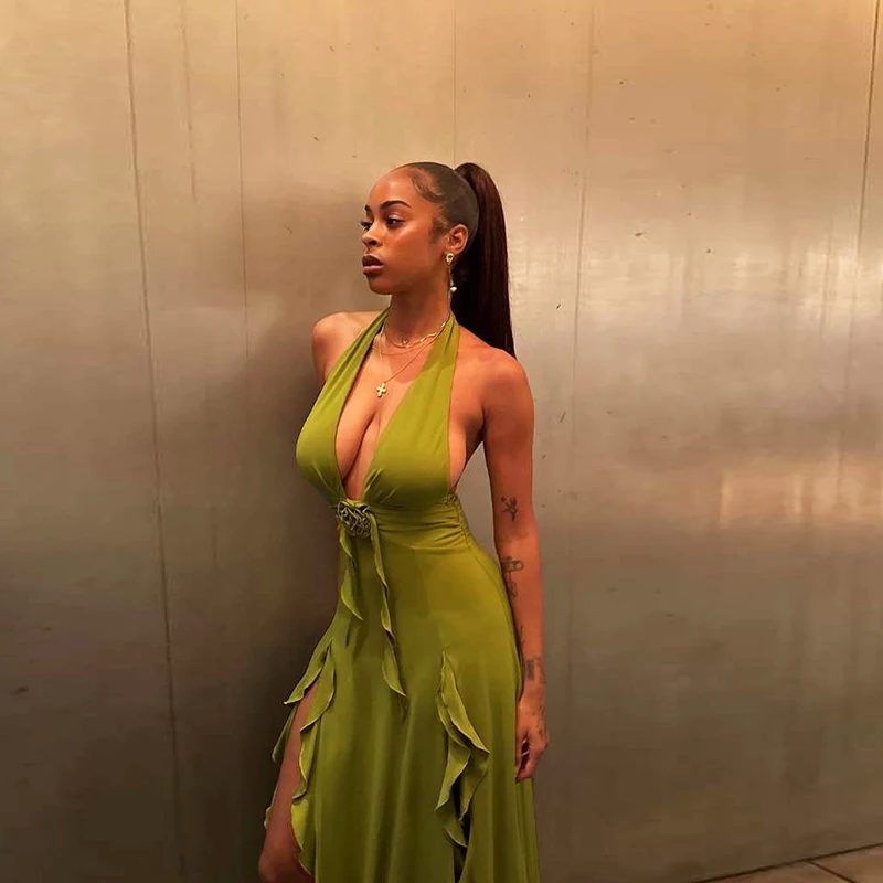 Лето 2024 сексуальное вечернее платье с открытой спиной и рюшами v-образным вырезом