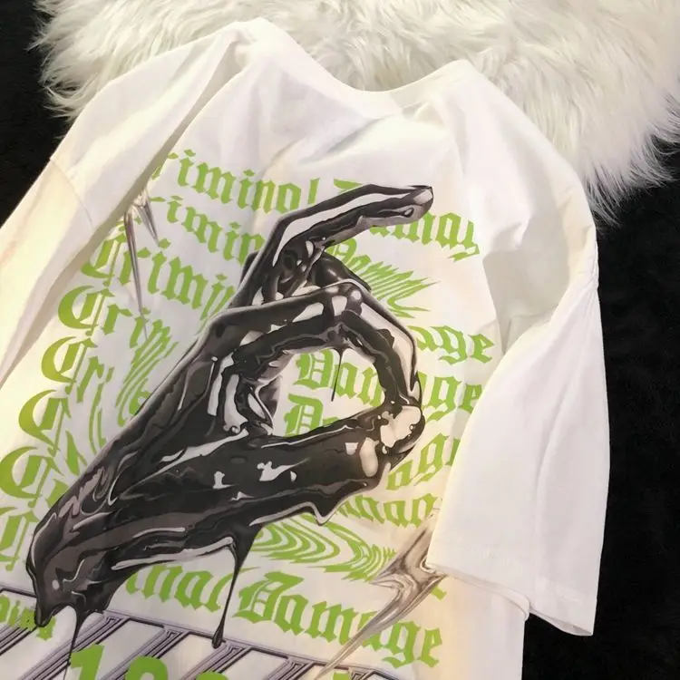 

American tide brand Gothic gesture short sleeved t-shirt men and women summer loose oversize heavy cotton top tide ins