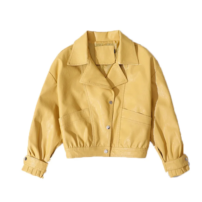 Lapel large pocket single breasted women's short loose version of fashion leather jacket Korean version of motorcycle suit coat