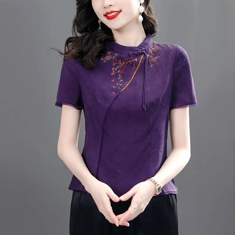 

1pcs Women Blouses tops 2023 Summer Silk Fabric Splicing Embroidery Chinese style Short Sleeve Primer Shirt Ladies Skinny Shirts