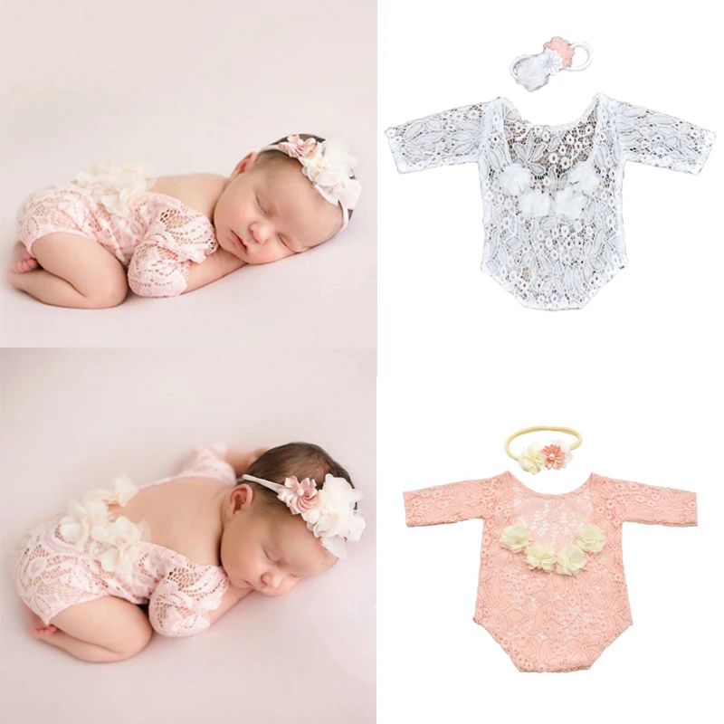

2 Pcs Newborn Photography Props Outfits Baby Cute Flower Pearl Headband Lace Romper Set Flower Hair Band Headdress