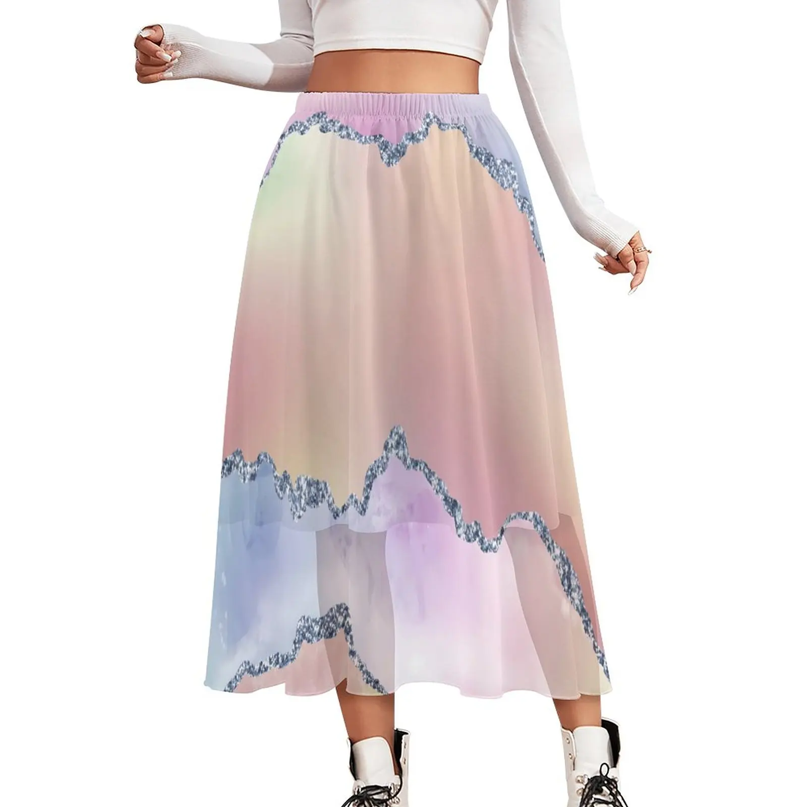 

Юбка Акварельная с эффектом омбре, милая шифоновая трапециевидная юбка в стиле бохо с красочным принтом, с завышенной талией, летняя уличная одежда в стиле оверсайз
