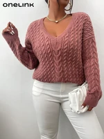 onelink plus size womens pullover sweater pink sexy v neck cable knitting pattern long sleeve stitching top