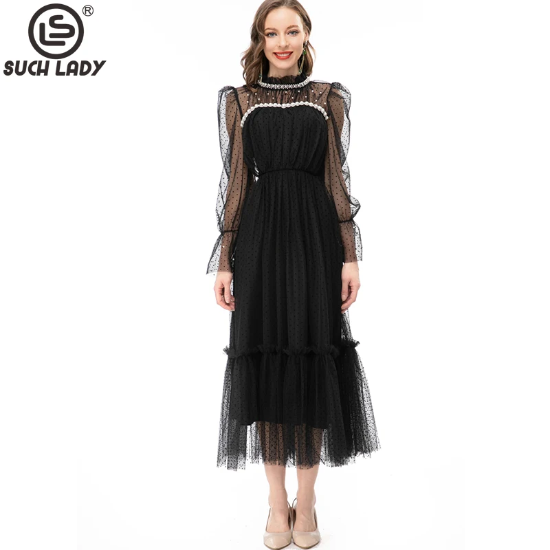 

Women's Runway Dresses Stand Collar Long Sleeves Beaded Polka Dots Layered Fashion Vestidos