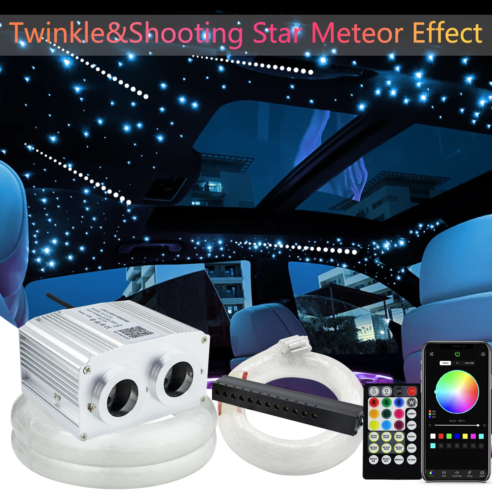 

16W Twinkle RGBW Meteor Led Car Roof Star Light Bluetooth app Fiber Optic Stars Ceiling Light kit for Car starry sky Lighting