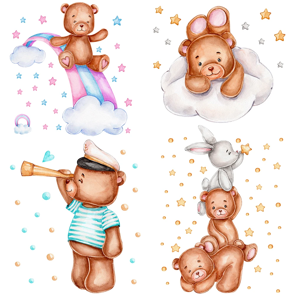 Cartoon Animals Wall Stickers for Kids Room Baby Nursery Wall Decal Moon and Stars Child House decoration Bear and Bunny Poster