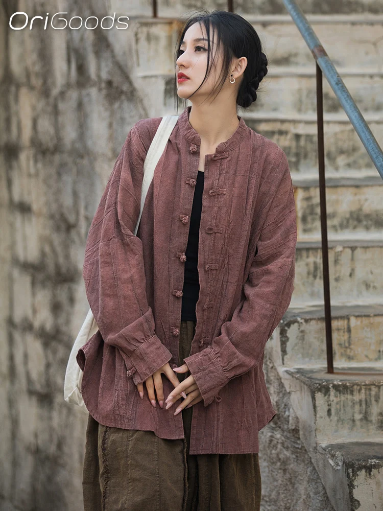 Оригинальная женская рубашка оверсайз Ramie весна-осень винтажная длинная рубашка оверсайз Стильная Новинка топы в стиле Дзен B170