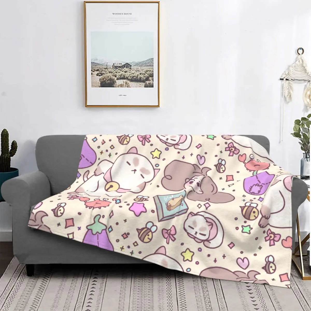

Bee And Puppycat Doodles Flannel Blanket Funny Throw Blanket for Home Hotel Sofa Plush Thin Quilt