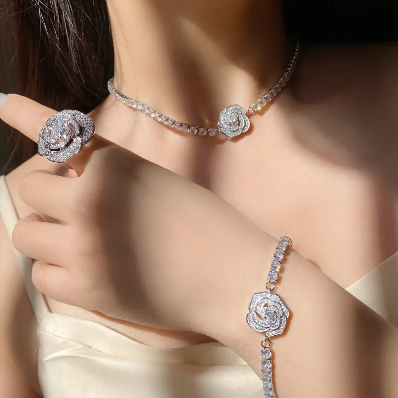 Premium Camellia Women's Necklace Earring Set Fashion 18K Gold Full Zircon Bracelet Ring Set Rose Bracelet Jewelry For Women