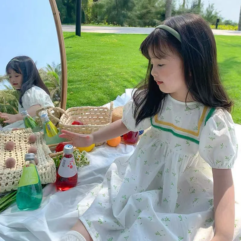

Child Summer Dress Little Girls Embroidered Short Sleeve Holiday Floral Dresses Vintage Princess Dresses Children Clothes