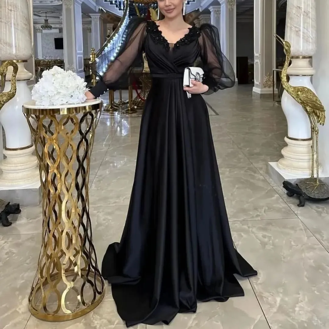 

2023 Classic V-neck Off Shoulder Floor Length Prom Dress Tulle Full Sleeve Satin Vertical Pleated Saudi Arabia Evening Party