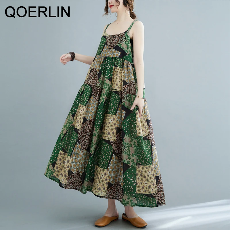 

QOERLIN Cotton Liner Vest Dress Women Summer Printed Sundress Loose Spaghetti Strap Long Dress Female Sleeveless Beach Dresses
