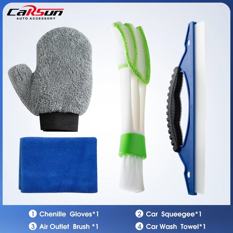 

CARSUN Car Wash Accessories 4PCS Cleaning Kit Fiber Towel Gloves Air Outlet Cleaning Brush Cleaning Scraper Car Care Kit