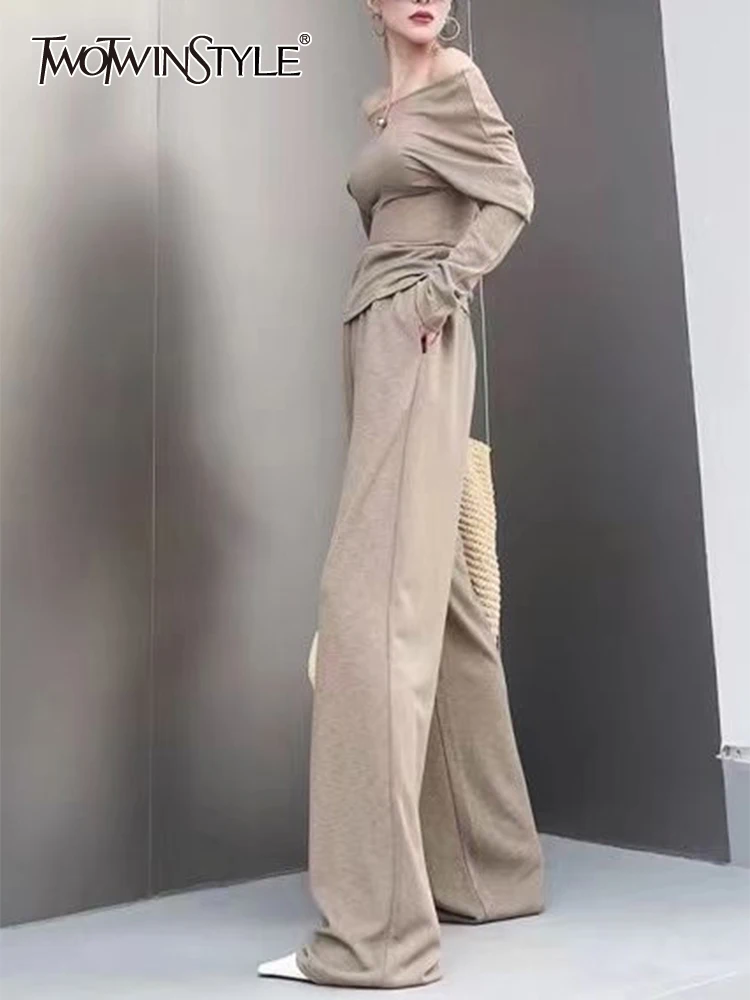 

TWOTWINSTYLE Slim Two Piece Sets For Women Slash Neck Long Sleeve Tops High Waist Wide Leg Pants Summer Set Female Fashion New