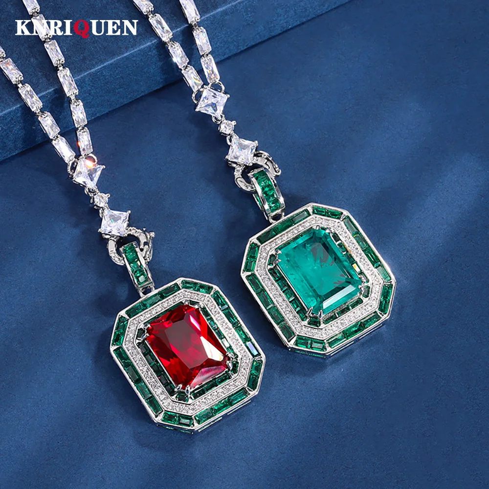 

Charms Vintage 12*16mm Emerald Ruby Pendant Chain Necklaces for Women Gemstone Lab Diamond Cocktail Party Fine Jewelry Lady Gift