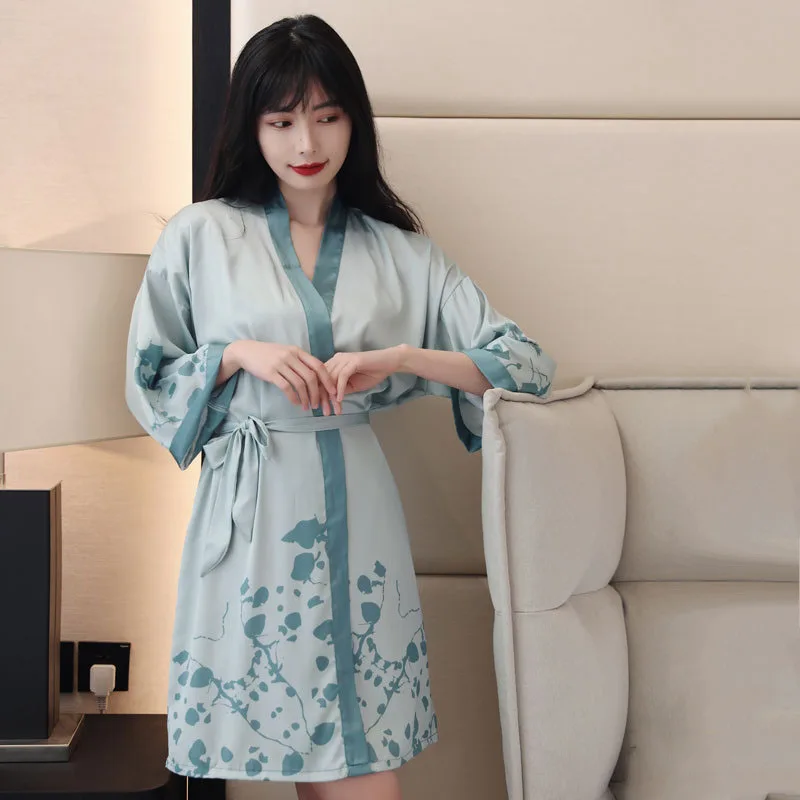 Women's Sleepwear 2 Pcs Sets Satin Silk Sleepwear Butterfly Printed Robe Nightgown and Backless Sleep Dress Pajamas Set