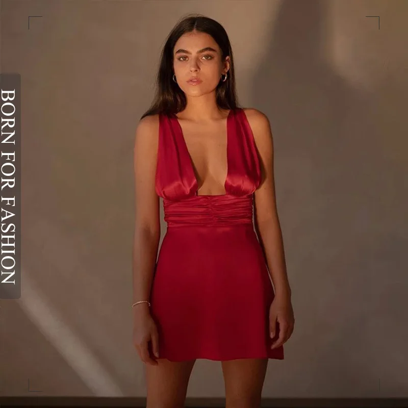 

Elegant Sleeveless Satin Mini Dress Women Sexy Backless High Waist A-line Ruched Evening Party Dress Night Clubwear Vestidos