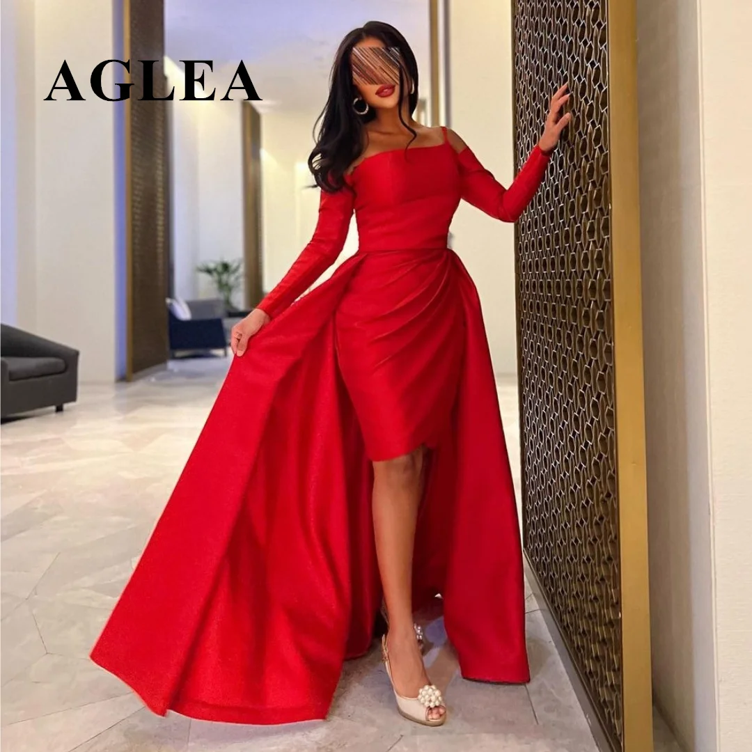 

AGLEA 2023 Red Knee Length Prom Dresses Long Sleeves Overskirts فساتين للحفلات الراقصة Zipper Back Vestidos Party Evening Gowns