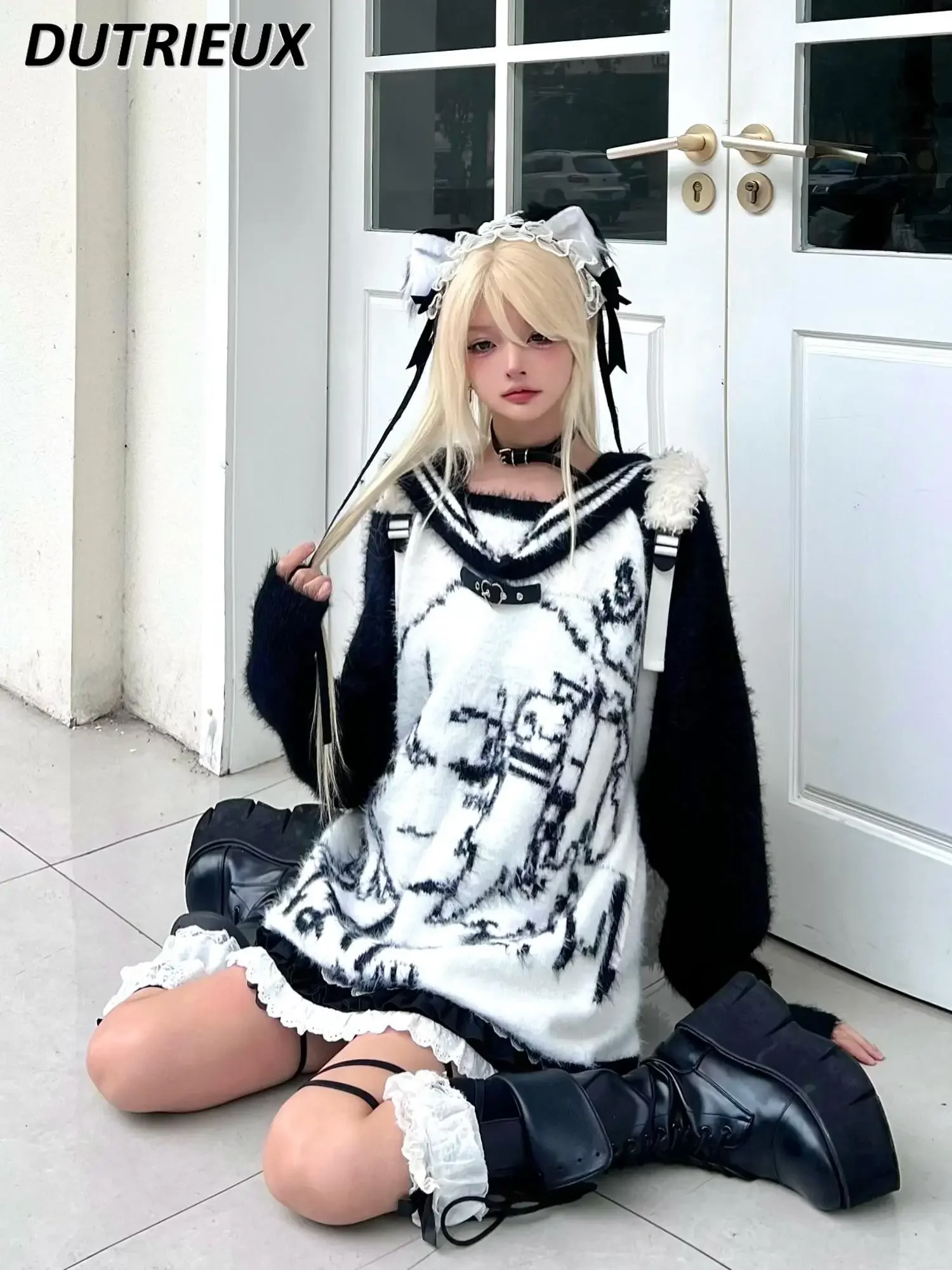 Оригинальный темно-синий милый свитер с воротником для девочек осень-зима мягкий