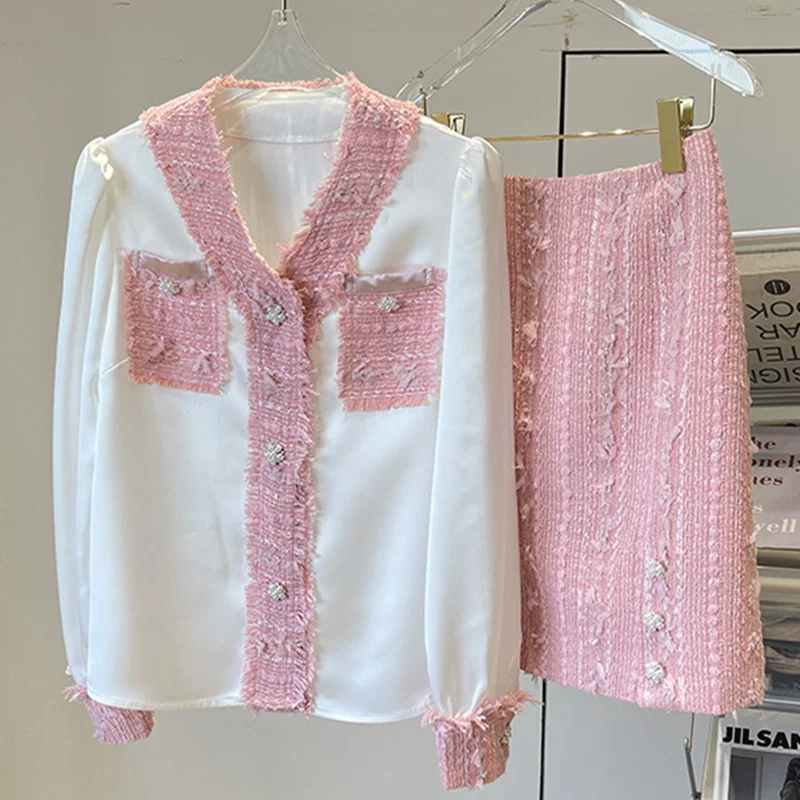 

Elegant Women Sets 2022 High Qulaity Women Long Sleeve White Pink Chiffon Blouse Shirt + One Step tweed Skirt Suit 2 piece Sets