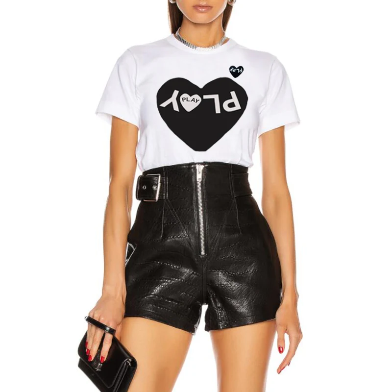

PLAY Women Short Sleeved Printed T-shirt Letter Embroidery Heart Cotton O-neck Summer Loose Casual T-shirt