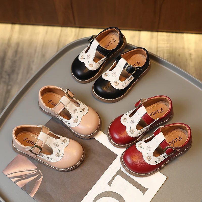 

Kids Round Toe Embroidery Sweet Little Girl Patchwork Lolita Hook & Loop Children Fashion 2022 Round-toe Flat Japanese Style PU