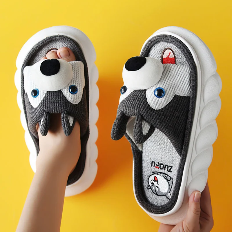 Шлепанцы женские льняные на толстой подошве домашние Нескользящие сандалии с