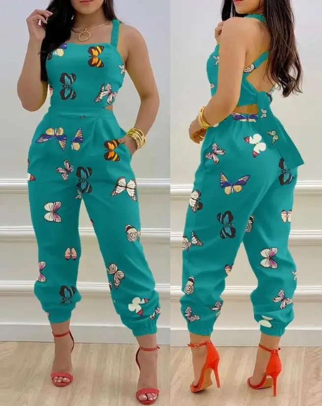 

Women Sexy Criss Cross Tied Detail Backless Jumpsuit Thick Strap Design Women's Fashion Butterfly Print Long Jumpsuits