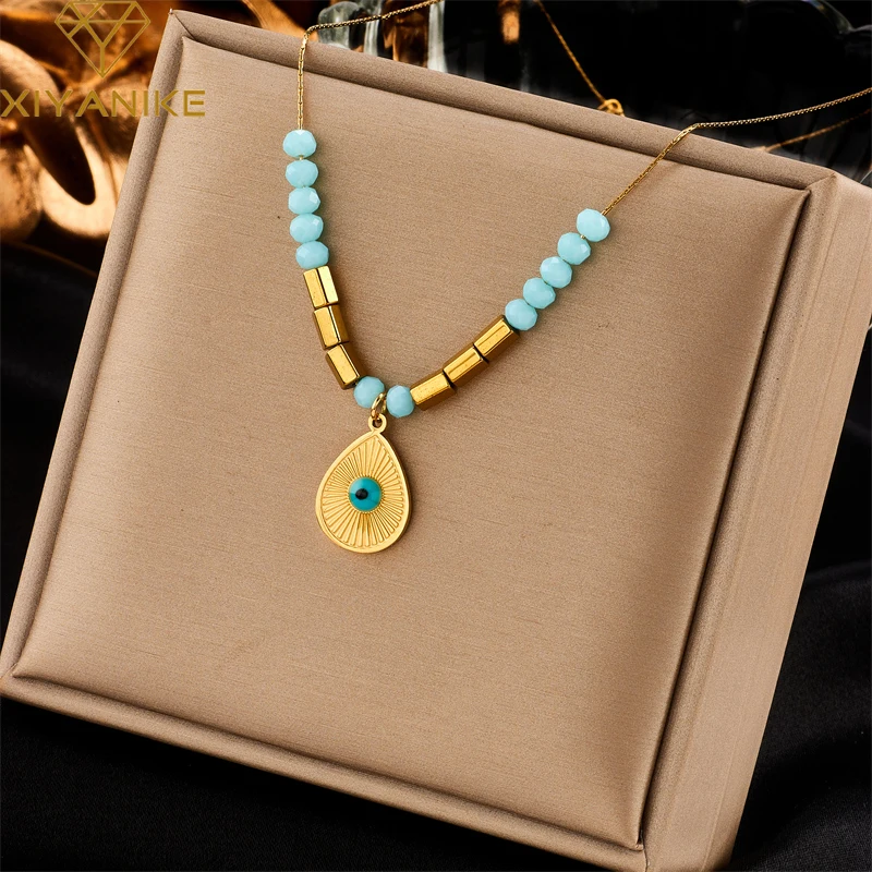 

XIYANIKE 316L Stainless Steel Necklace for Women Blue Zircon Gold Color Vintage Creative Exquisite New Trends Chic Jewelry Gift