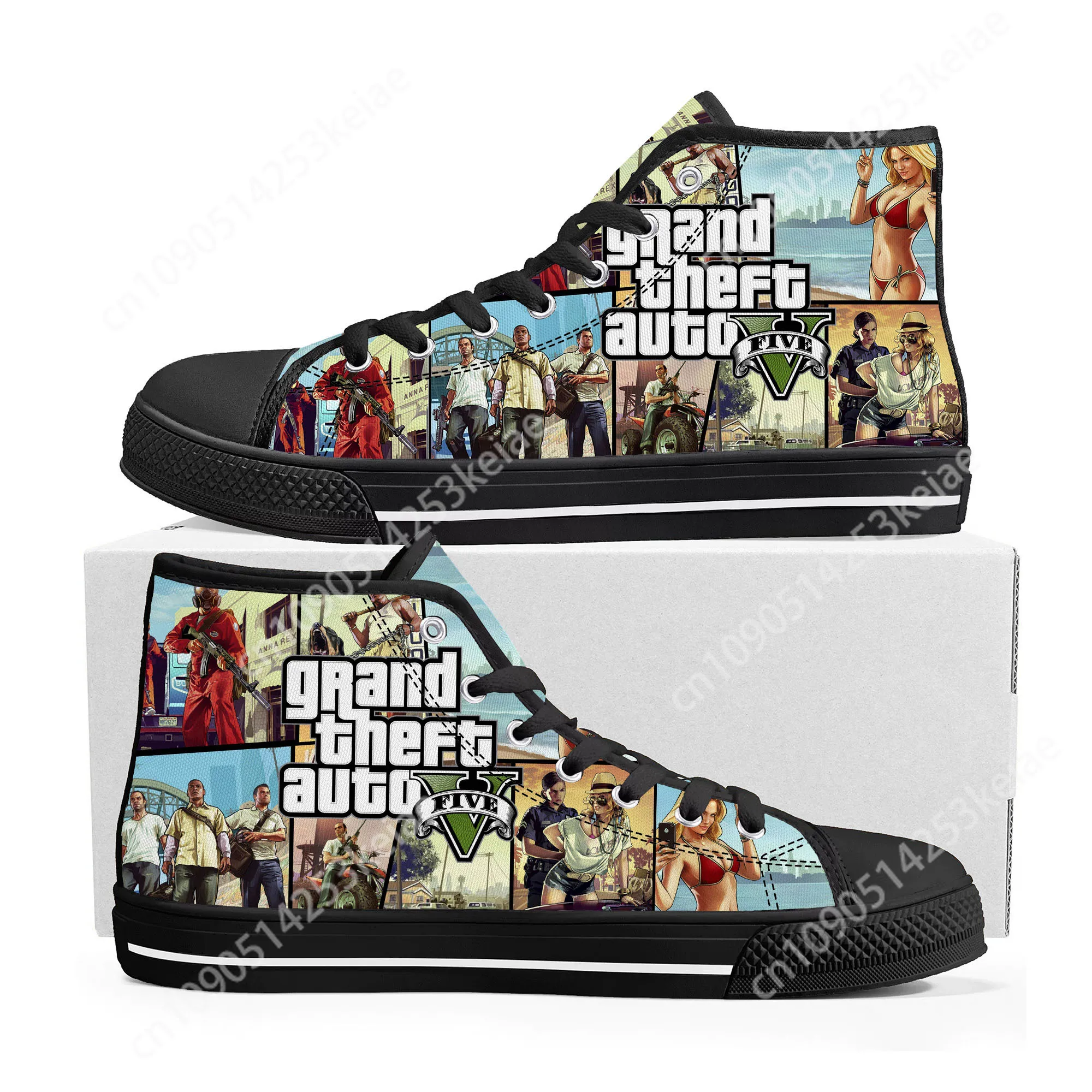 Высокие кроссовки с рисунком аниме Grand Theft Auto GTA V 5 мужские и женские парусиновые