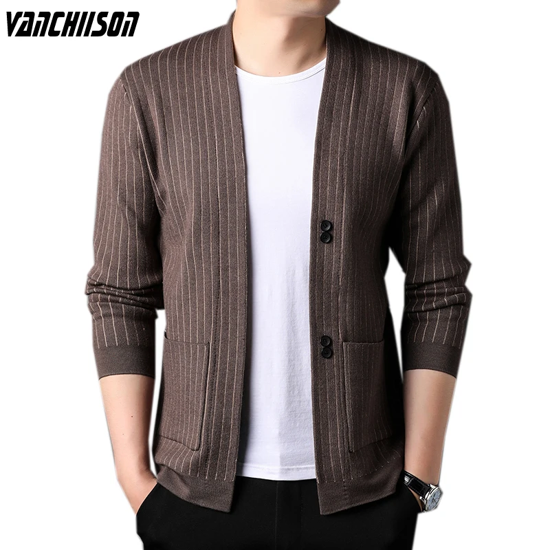 

Мужской полосатый вязаный кардиган на пуговицах, верхняя одежда с V-образным вырезом для весны и осени, свитер, куртка в английском стиле, му...