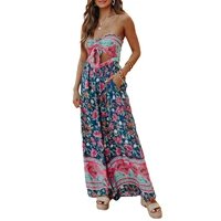 womens fashion jumpsuits strapless cut out open back bohemian style floral printed wide leg long playsuit