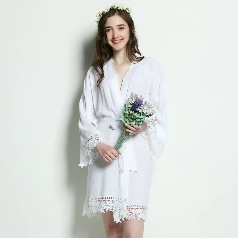 Bridesmaid Bride Robes Rayon Cotton Kimono Robes with Lace Robe Trim Women Wedding Bridal Robe Short Belt Burgundy