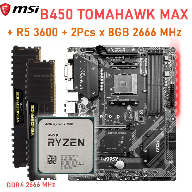 

R5 3600 CPU + 16GB DDR4 2666MHz RAM + MSI B450 TOMAHAWK MAX Motherboard Set Socket AM4 AMD B450 Desktop Mainboard 64GB M.2 AM4