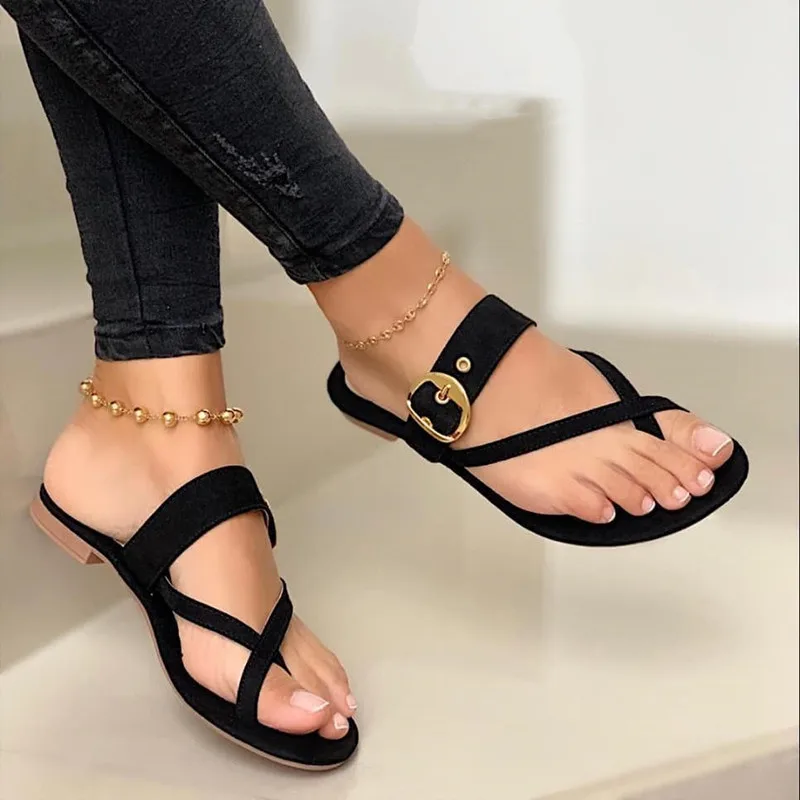 

2022 Summer Women Sandals Metal Decoration Flip Flops Clip Toe Casual Ladies Sandals Flat Footwear Outdoor Beach Women's Shoes