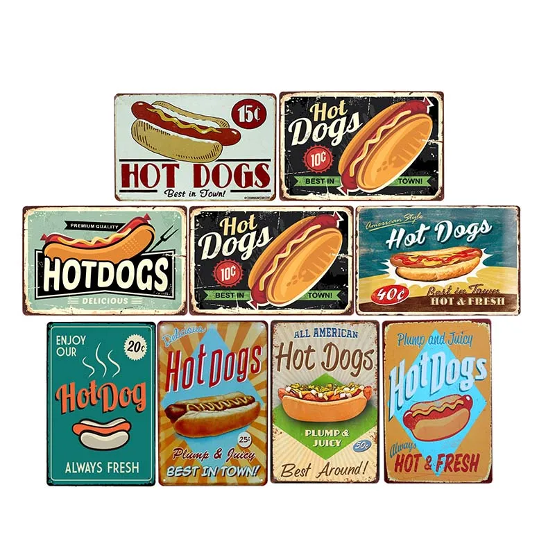 

Hot Dog Poster Vintage Metal Tin Signs Food Europe Restaurant Decorative Fast Food Shop Pub Wall Decoration 20x30cm