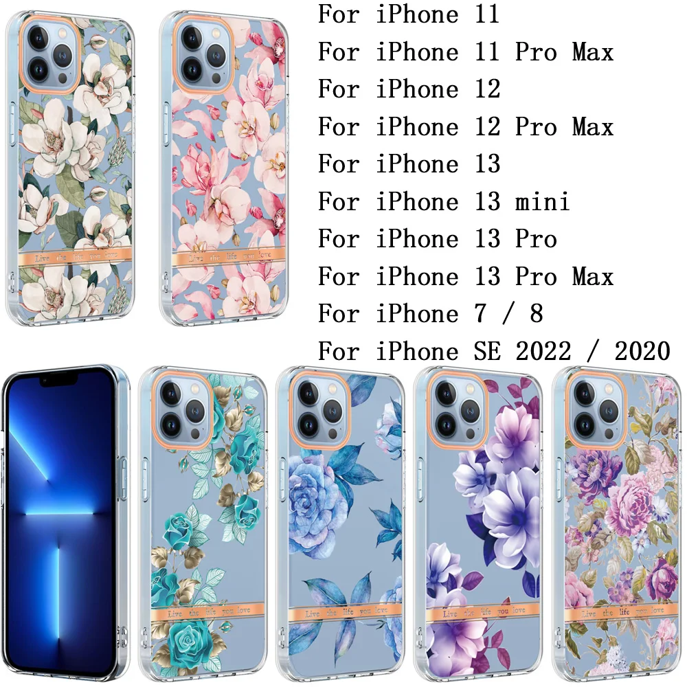 

Sunjolly Mobile Phone Cases Covers for Apple iPhone 13 12 11 Pro Max mini 7 8 SE 2020 2022 Case Cover coque Floral Half wrapped