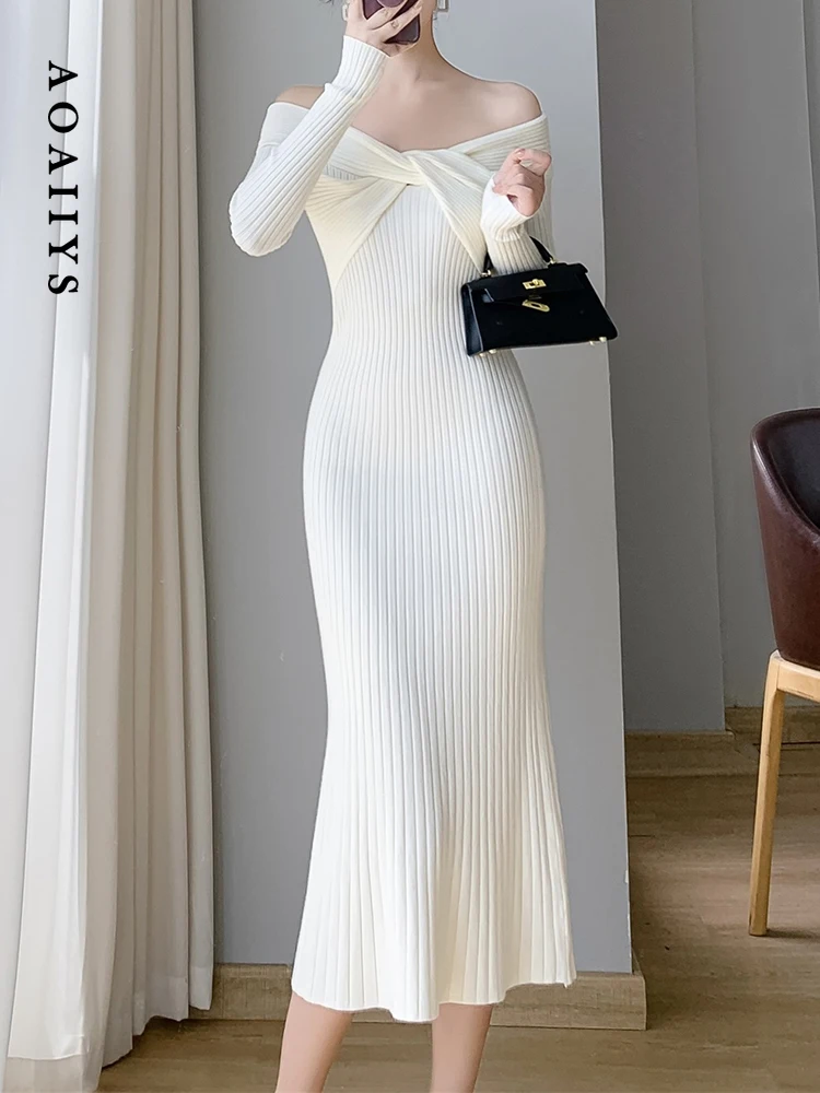 

Женское трикотажное платье Aoaiiys, однотонное облегающее платье до середины икры с высокой талией и воротником-лодочкой, в винтажном французском стиле, осень 2023