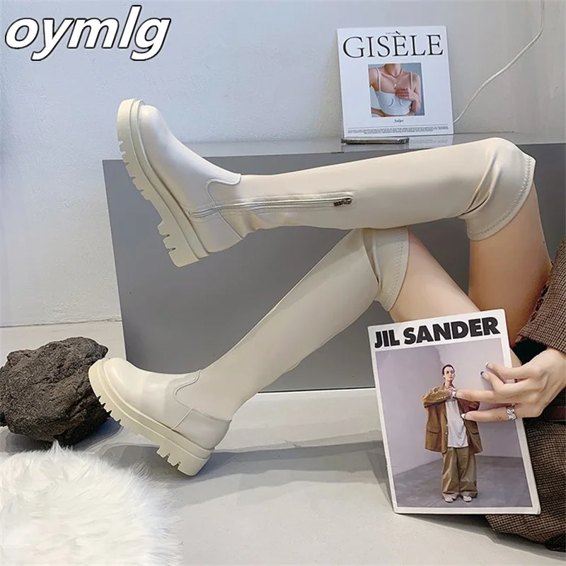 

Женские эластичные сапоги до колена, новинка осень-зима 2022, тонкие длинные сапоги с круглым носком, Кожаные эластичные сапоги на толстой под...