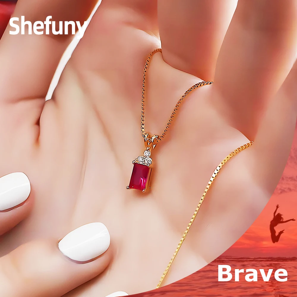 

Shefuny 925 Sterling Silver Square Red Zirconia Pendant Chain 18K Gold Plated Geometry Necklace For Women Fine Wedding Jewelry
